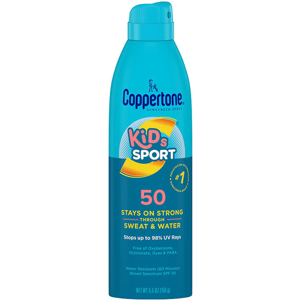 Coppertone SPORT Kids Sunscreen Spray SPF 50, Water Resistant, Continuous Spray Sunscreen for Kids, Broad Spectrum Sunscreen SPF 50, 5.5 Oz Spray (Packaging May Vary)