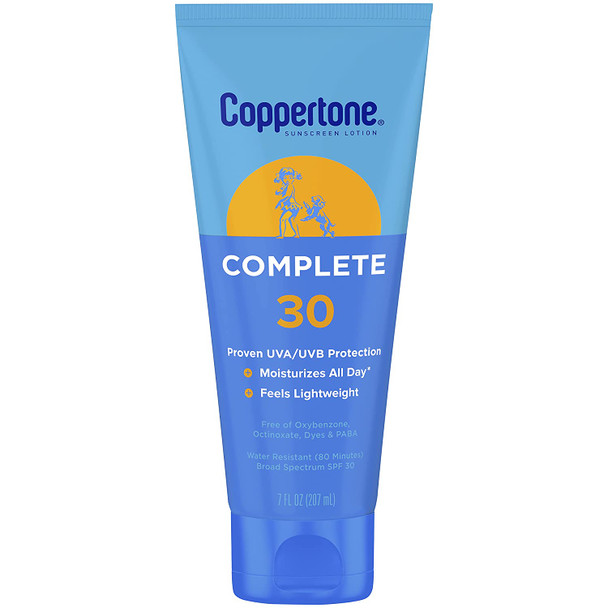 Coppertone COMPLETE SPF 30 Sunscreen Lotion, Lightweight, Moisturizing Sunscreen, Water Resistant Body Sunscreen SPF 30, 7 Fl Oz Tube