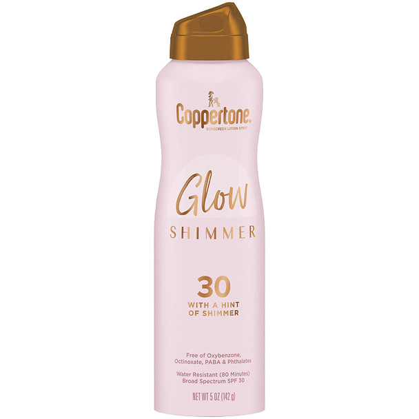 Coppertone Glow with Shimmer Sunscreen Spray SPF 30, Water Resistant Spray Sunscreen, Broad Spectrum SPF 30 Sunscreen Spray, 5 Oz Spray