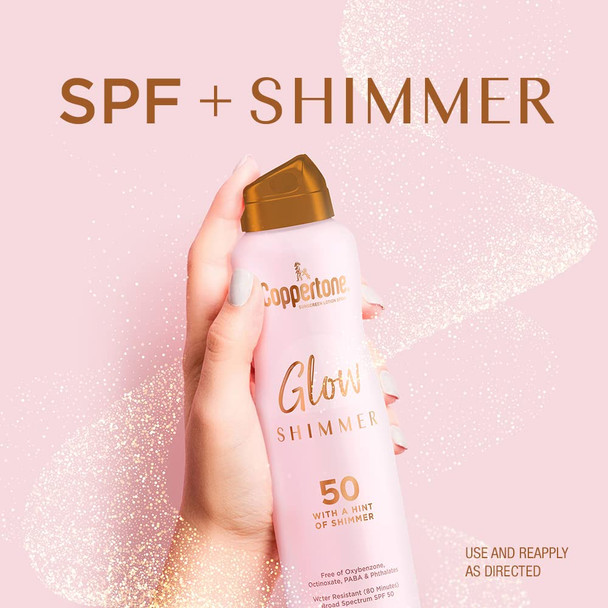 Coppertone Glow with Shimmer Sunscreen Spray SPF 50, Water Resistant Spray Sunscreen, Broad Spectrum SPF 50 Sunscreen Spray, 5 Oz Spray