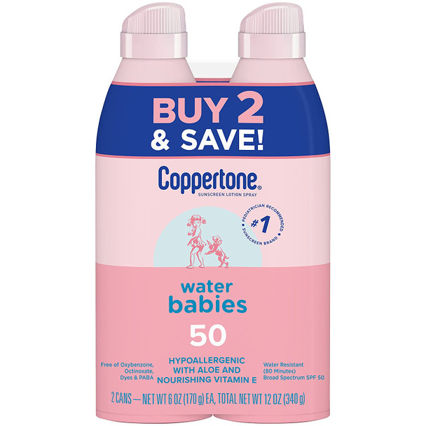 Coppertone Water Babies Sunscreen Lotion Spray SPF 50, Pediatrician Recommended Baby Sunscreen Spray, Water Resistant Sunscreen for Babies, 6 Oz Spray, Pack of 2