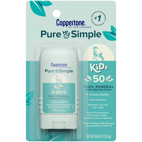 Coppertone Pure and Simple Kids Sunscreen Stick SPF 50, Zinc Oxide Mineral Sunscreen Stick for Kids, Tear Free, Water Resistant, Broad Spectrum SPF 50 Sunscreen, 0.49 Oz Stick