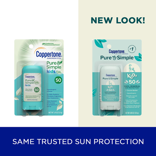 Coppertone Pure and Simple Kids Sunscreen Stick SPF 50, Zinc Oxide Mineral Sunscreen Stick for Kids, Tear Free, Water Resistant, Broad Spectrum SPF 50 Sunscreen, 0.49 Oz Stick