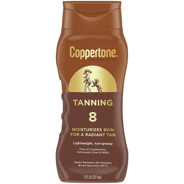 Coppertone Tanning Sunscreen Lotion, Water Resistant Body Sunscreen SPF 8, Broad Spectrum SPF 8 Sunscreen, 8 Fl Oz Bottle (Packaging May Vary)