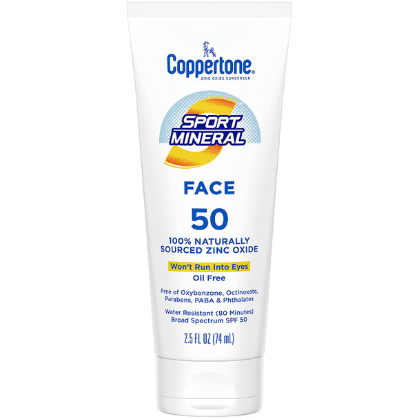 Coppertone SPORT Sunscreen for Face, Zinc Oxide Mineral Face Sunscreen SPF 50, Oil Free Sunscreen, 2.5 Fl Oz Tube
