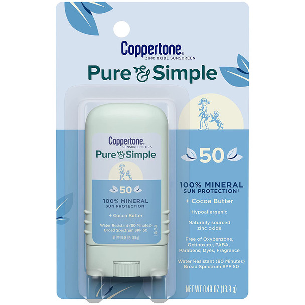 Coppertone Pure and Simple SPF 50 Sunscreen Stick, Zinc Oxide Mineral Sunscreen, Face Sunscreen, 0.49 Oz (Packaging May Vary)