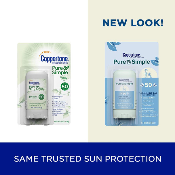 Coppertone Pure and Simple SPF 50 Sunscreen Stick, Zinc Oxide Mineral Sunscreen, Face Sunscreen, 0.49 Oz (Packaging May Vary)