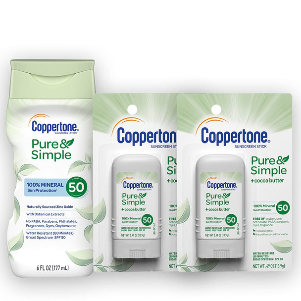 Coppertone Pure & Simple SPF 50 Sunscreen Lotion Multi Pack, Zinc Oxide Mineral Sunscreen Lotion + Sunscreen Stick, Bulk Sunscreen, (6-Fluid Ounce Bottle + 0.49 Ounce Stick)