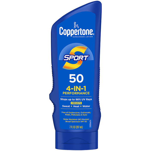 Coppertone SPORT Sunscreen Lotion SPF 50, Water Resistant Sunscreen, Broad Spectrum SPF 50 Sunscreen, 7 Fl Oz (Packaging May Vary)