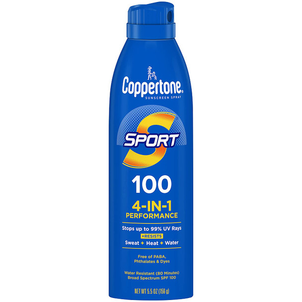 Coppertone SPORT Sunscreen Spray SPF 100, Water Resistant, Continuous Spray Sunscreen, Broad Spectrum SPF 100 Sunscreen, 5.5 Oz Spray (Packaging May Vary)