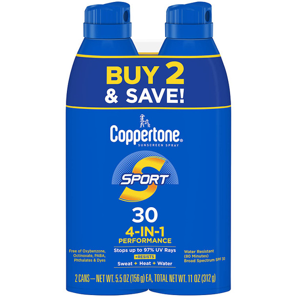 Coppertone SPORT Sunscreen Spray SPF 30, Water Resistant Spray Sunscreen, Broad Spectrum SPF 30 Sunscreen Pack, 5.5 Oz Spray, Pack of 2 (Packaging May Vary)