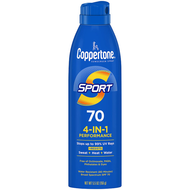 Coppertone SPORT Sunscreen Spray SPF 70, Water Resistant, Continuous Spray Sunscreen, Broad Spectrum SPF 70 Sunscreen, 5.5 Oz Spray (Packaging May Vary)