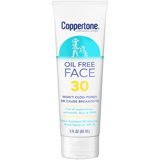 Coppertone Face Sunscreen SPF 30, Oil Free Sunscreen for Face, Water Resistant SPF 30 Sunscreen Face Lotion, 3 Fl Oz Tube