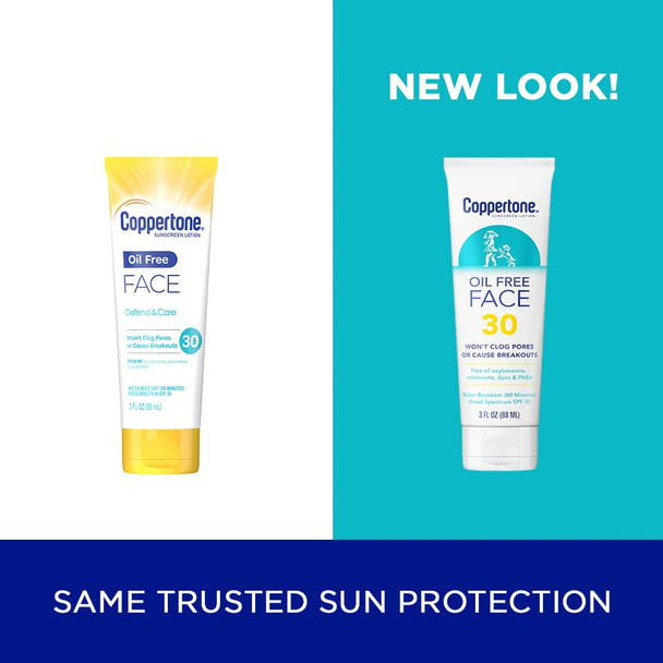Coppertone Face Sunscreen SPF 30, Oil Free Sunscreen for Face, Water Resistant SPF 30 Sunscreen Face Lotion, 3 Fl Oz Tube