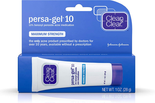 Clean & Clear Persa-Gel 10 Acne Medication Spot Treatment with Maximum Strength 10% Benzoyl Peroxide, Pimple Cream & Acne Gel Medicine for Face Acne with Benzoyl Peroxide Medication, 1 oz