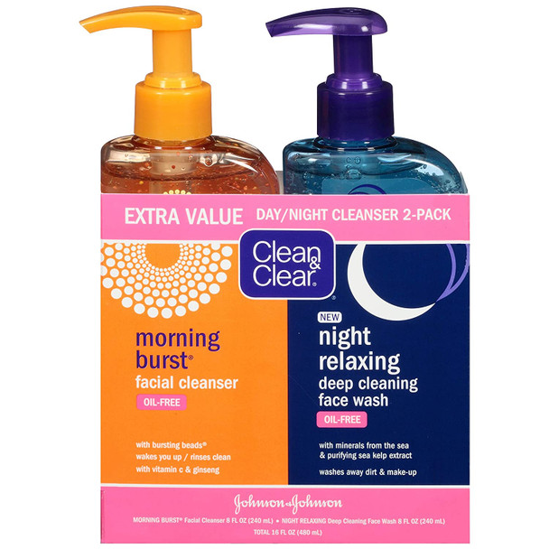 Clean & Clear 2-Pack Day and Night Face Cleansers with Citrus Morning Burst Facial Cleanser with Vitamin C & Relaxing Night Facial Cleanser with Sea Minerals, Oil Free & Non-Comedogenic