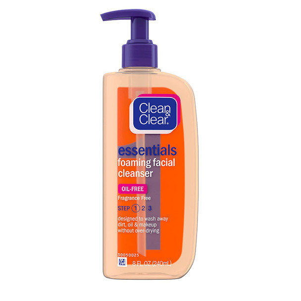 Clean & Clear Essentials Foaming Facial Cleanser, Oil- Daily Face Wash with Glycerin to Remove Acne Breakout-Causing Dirt, Oil & Makeup Without Over-Drying, Coconut, 8 Fl Oz