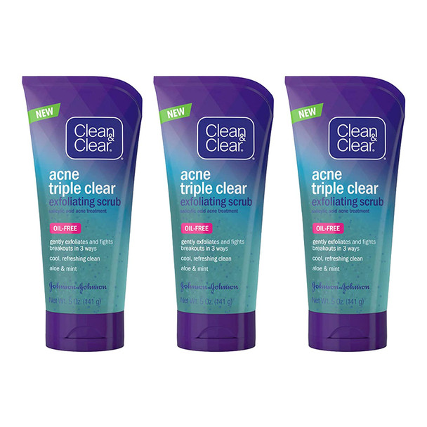 Clean & Clear Acne Triple Clear Exfoliating Facial Scrub with 2% Salicylic Acid Acne Medicine, Aloe & Mint for Acne-Prone Skin, Soothing Oil-Free & Non-Comedogenic Acne Face Scrub, 5 oz (Pack of 3)