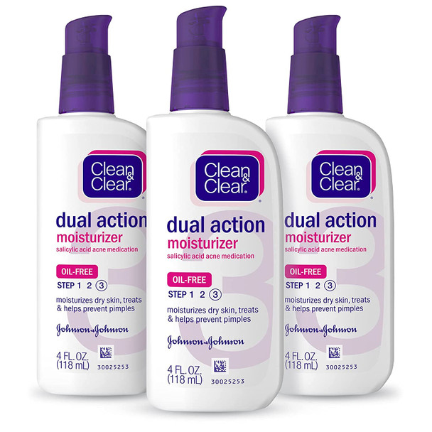 Clean & Clear Essentials Dual Action Facial Moisturizer, 0.5% Salicylic Acid Acne Medication to Moisturize Dry Skin, Treat Acne & Help Prevent Pimples, Oil Free for Acne-Prone Skin, 4 oz (Pack of 3)