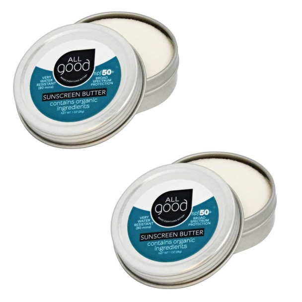 All Good Mineral Sunscreen Butter - Zinc Oxide, Coral Reef Safe, Water Resistant, UVA/UVB Broad Spectrum, SPF 50+ (1 oz)(2-pack)