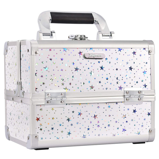 Joligrace Makeup Box Vanity Case Cosmetic Organiser Box Beauty Storage Train Case with Mirror, Lockable with Keys, White Holographic Star