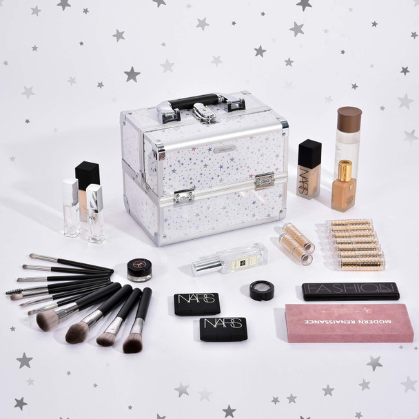 Joligrace Makeup Box Vanity Case Cosmetic Organiser Box Beauty Storage Train Case with Mirror, Lockable with Keys, White Holographic Star