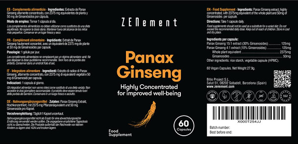 Panax Ginseng 2375mg, 50mg of Ginsenosides, 60 Capsules, Improves Concentration, Memory and Athletic Endurance | 100% Natural, Non-GMO