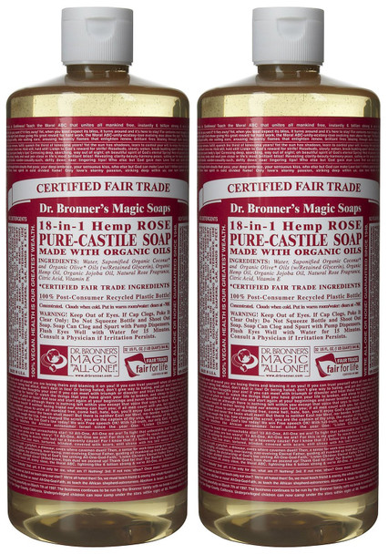 Dr. Bronner's Organic Pure Castile Liquid Soap, Rose, 32 oz, 2 pk