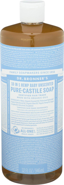 Dr. Bronners 32 Ounce Pure Castile Soap - Liquid44; Unscented44; Baby Mild