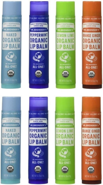 Dr. Bronner's Organic Lip Balm - 8 Pack (2 of Each Flavors), (Naked, Peppermint, Lemon Lime, Orange Ginger)