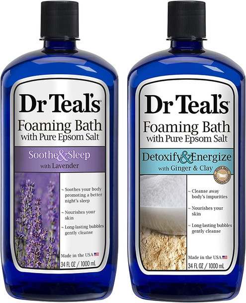 Dr Teal's Foaming Bath Combo Pack (68 fl oz Total), Soothe & Sleep with Lavender, and Detoxify & Energize with Ginger & Clay. Treat Your Skin, Your Senses, and Your Stress.