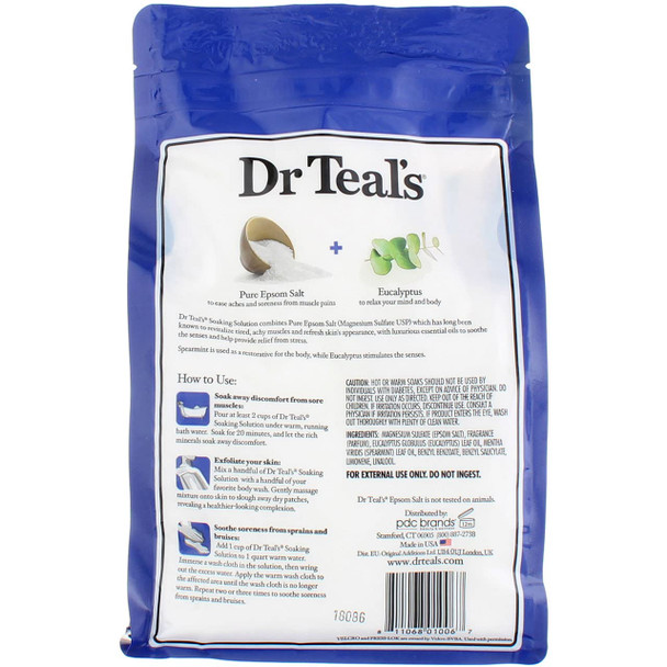 Dr Teals Soaking Solution, Epsom Salt, Relax, Eucalyptus Spearmint 48 oz (Pack of 4)