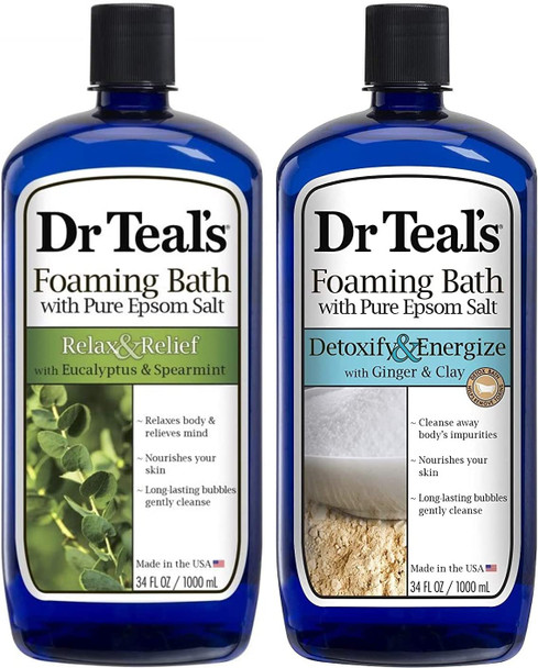 Dr Teal's Foaming Bath Combo Pack (68 fl oz Total), Relax & Relief with Eucalyptus & Spearmint, and Detoxify & Energize with Ginger & Clay. Treat Your Skin, Your Senses, and Your Stress.