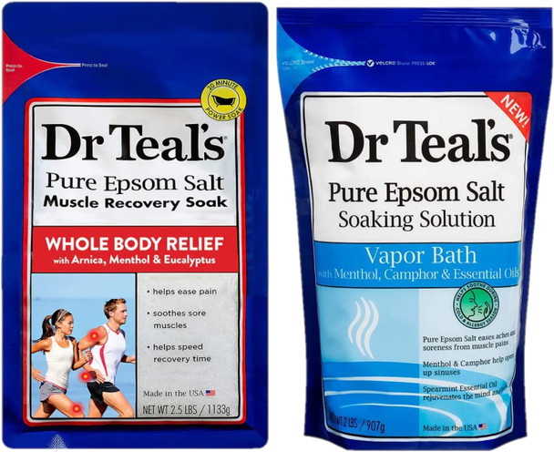 Dr. Teals Epsom Salt Soak Combo (4.5 lbs Total) - Muscle Recovery Soak with Arnica & Menthol, and Vapor Bath with Menthol, Camphor and Essential Oils - Treat Skin and Relieve Sore Muscles