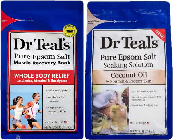 Dr. Teals Epsom Salt Soak Combo (8.5 lbs Total) - Muscle Recovery Soak with Arnica & Menthol, and Nourish and Protect with Coconut Oil - Treat Skin and Relieve Sore Muscles