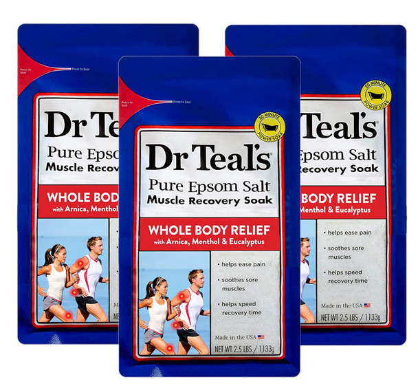 Dr. Teal's Epsom Salt - Muscle Recovery Soak - Whole Body Relief with Arnica, Menthol, Eucalyptus - 2.5lb Bag (Pack of 3)