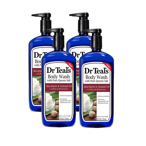 Dr Teal's Epsom Salt Bath and Shower Body Wash with Pump - Shea Butter and Almond Oil - Pack of 4, 24 Oz Each - Soften and Moisturize Your Skin, Relieve Stress and Sore Muscles
