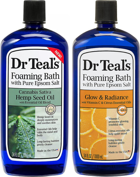 Dr Teal's Foaming Bath Combo Pack (68 fl oz Total), Hemp Seed Oil with Essential Oil Blend, and Glow & Radiance with Vitamin C & Citrus Essential Oils. Treat Your Skin, Your Senses, and Your Stress.