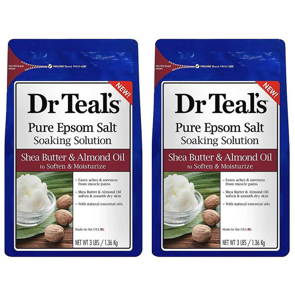 Dr. Teal's Epsom Salt Shea Butter Almond Oil Bath Soaking Solution with Essential Oils - Pack of 2, 3 lb Resealable Bags - Soften and Moisturize Your Skin, Relieve Stress and Sore Muscles