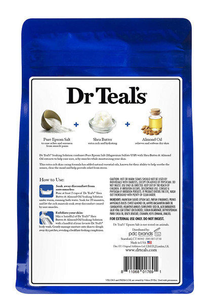 Dr. Teal's Epsom Salt Shea Butter Almond Oil Bath Soaking Solution with Essential Oils - Pack of 4, 3 lb Resealable Bags - Soften and Moisturize Your Skin, Relieve Stress and Sore Muscles