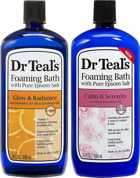 Dr Teal's Foaming Bath Combo Pack (68 fl oz Total), Glow & Radiance with Vitamin C & Citrus Essential Oils, and Calm & Serenity with Rose Essential Oil. Treat Your Skin, Your Senses, and Your Stress.