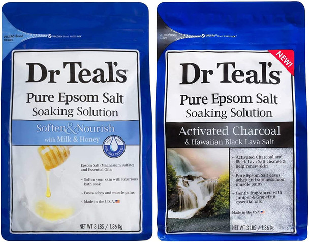 Dr Teal's Epsom Salt Bath Combo Pack (6 lbs Total), Soften & Nourish with Milk & Honey, and Charcoal & Hawaiian Black Lava Salt. Treat Your Skin, Your Senses, and Your Stress.