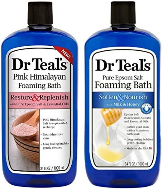 Dr Teal's Foaming Bath Combo Pack (68 fl oz Total), Restore & Replenish with Pink Himalayan, and Soften & Nourish with Milk & Honey