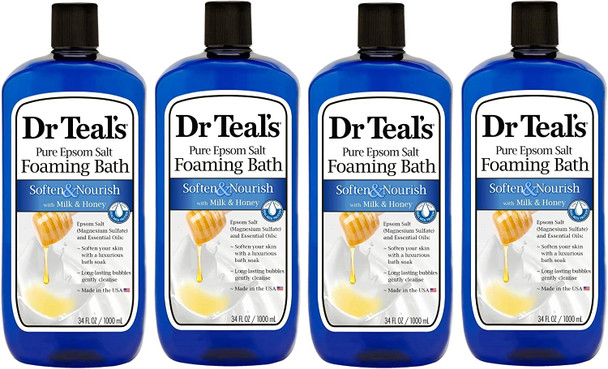Dr Teal's Foaming Bath 4-Pack (136 fl oz Total), Soften & Nourish with Milk & Honey