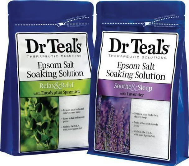 Dr. Teal's Epsom Salt Soaking Solution Bundle - 2 Relax & Relief Eucalyptus Spearmint 3lbs and 2 Sooth & Sleep Lavender 3lbs