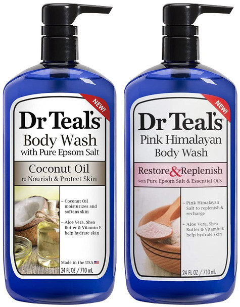 Dr Teal's Body Wash Combo Pack (48 fl oz Total), Restore & Replenish with Pink Himalayan, and Nourish & Protect with Coconut Oil. Treat your skin, your senses, and your stress.