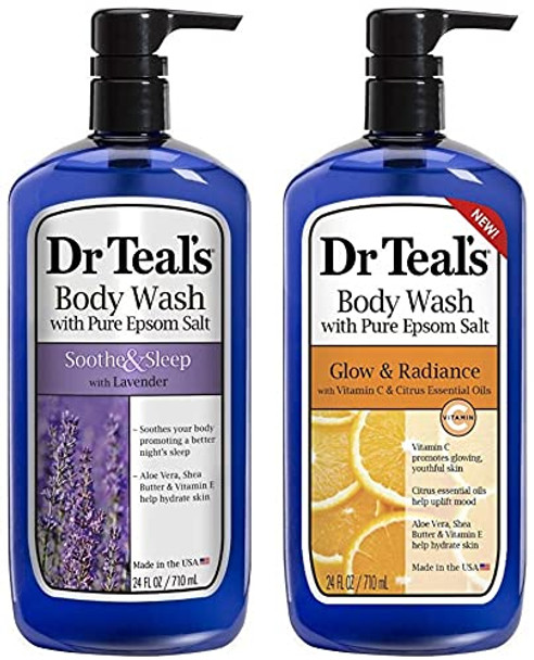 Dr Teal's Body Wash Combo Pack (48 fl oz Total), Soothe & Sleep with Lavender, and Glow & Radiance with Vitamin C & Citrus Essential Oils. Treat your skin, your senses, and your stress.