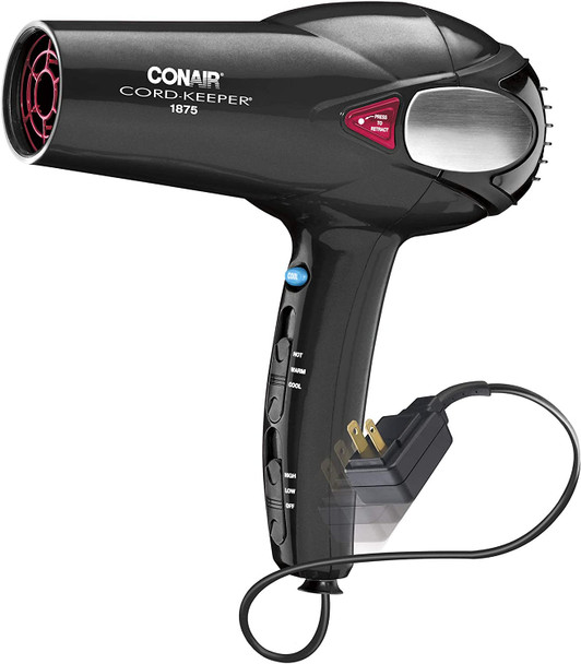 Conair 1875 Watt Cord Keeper 2-in-1 Hair Dryer, Black