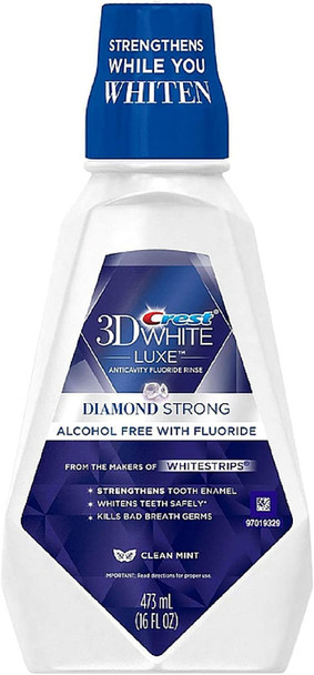 Crest 3D White Luxe Diamond Strong Anticavity Fluoride Whitening Mouth Rinse, Clean Mint 16 oz (Pack of 4)