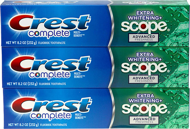Crest Complete Multi-Benefit Fluoride Toothpaste - Extra Whitening and Scope Advanced Freshness - 8.2 oz each, 3 count